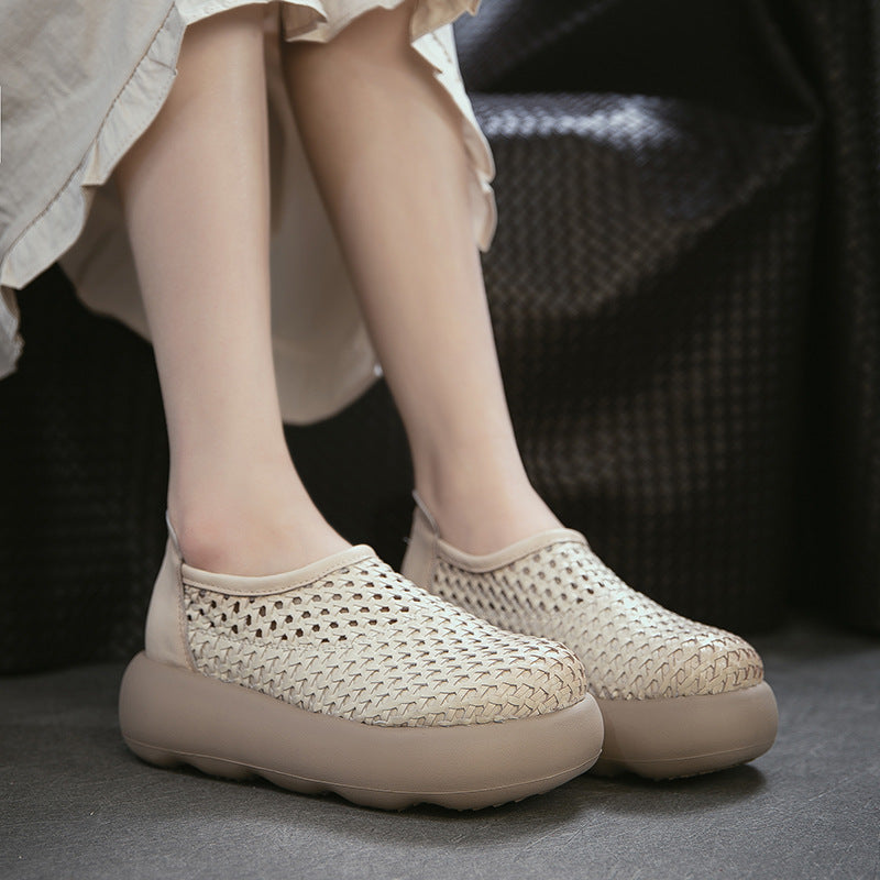 Women's Breathable Woven First Layer Cowhide Simple Platform Sandals
