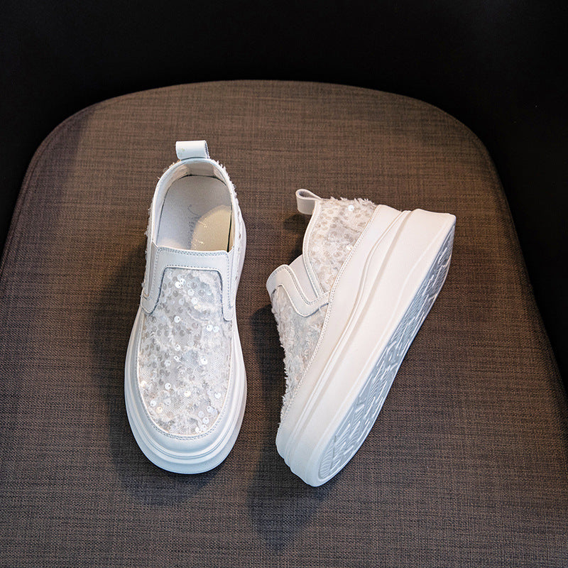 Women's Sequined Mesh Surface White Height Increasing Insole Small Size Platform Loafers