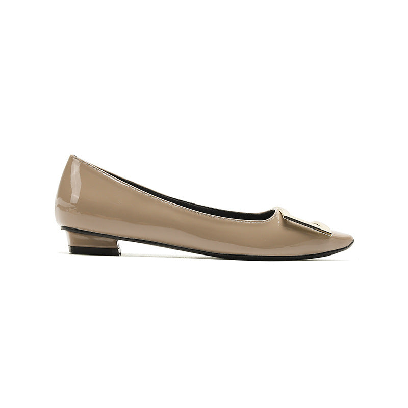 Women's Spring Patent Square Buckle Chunky Mid Women's Casual Shoes