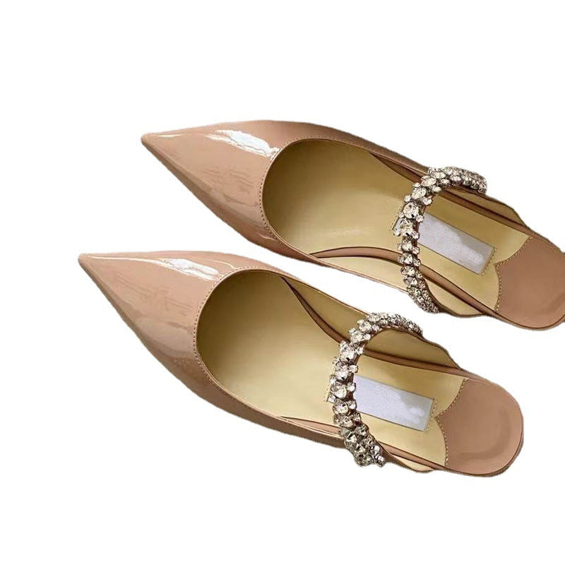 Women's High Version Rhinestone Patent Pointed Toe Pumps Mules Flat Slippers