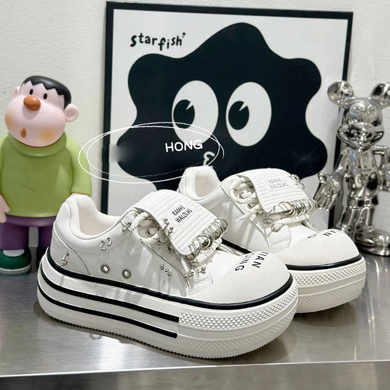 Women's Autumn Breathable Cowhide Big Head Height Increasing Niche Asian Casual Shoes