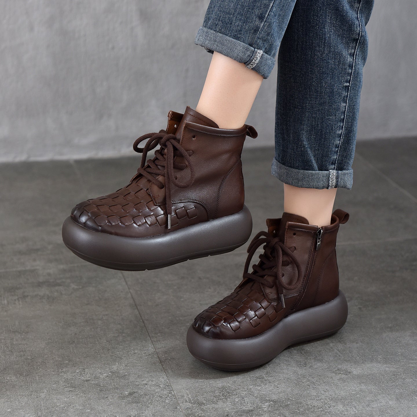 Women's Cowhide Hand-woven Muffin Bottom Booties Thick-soled Women's Leather Boots