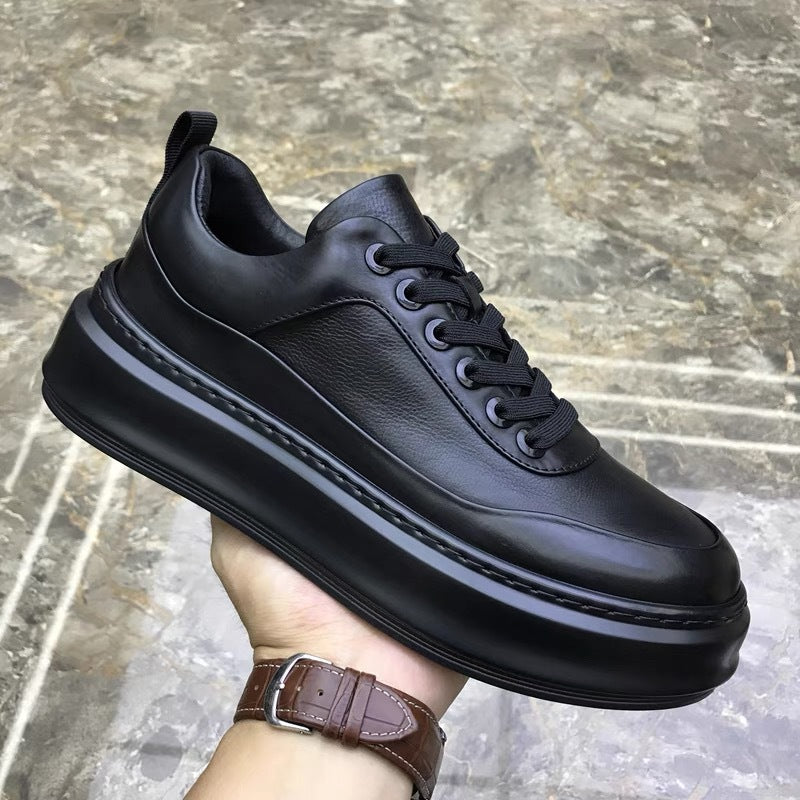Men's Cowhide Autumn Pure Black Soft Bottom Men's Board Shoes