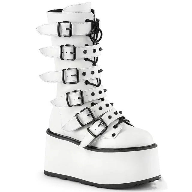 Thick Bottom Buckle Rivet Platform Middle Tube Female Boots