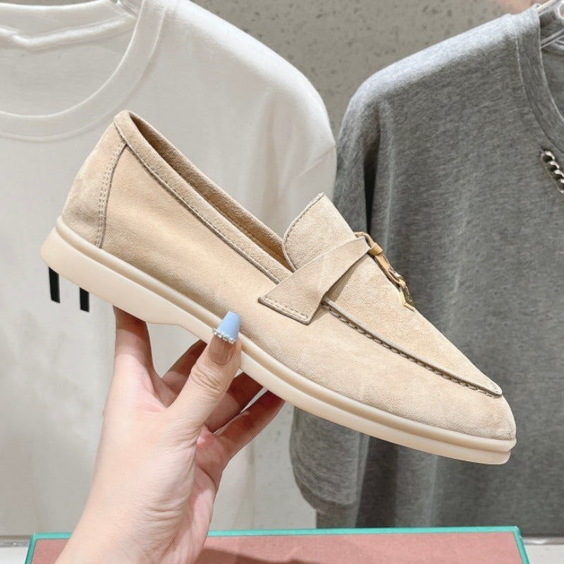British Slip-on Lazy Pumps Deerskin Round Head Tassel Hardware Women's Casual Shoes