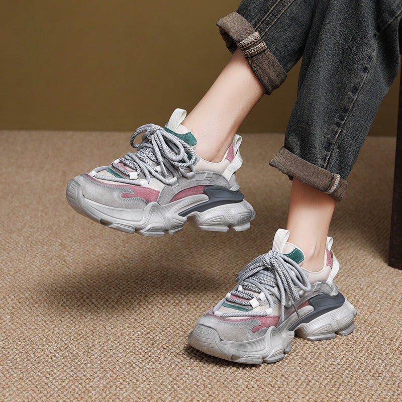Women's Layer Cowhide Platform Dad Autumn Color Matching Sports Women's Casual Shoes