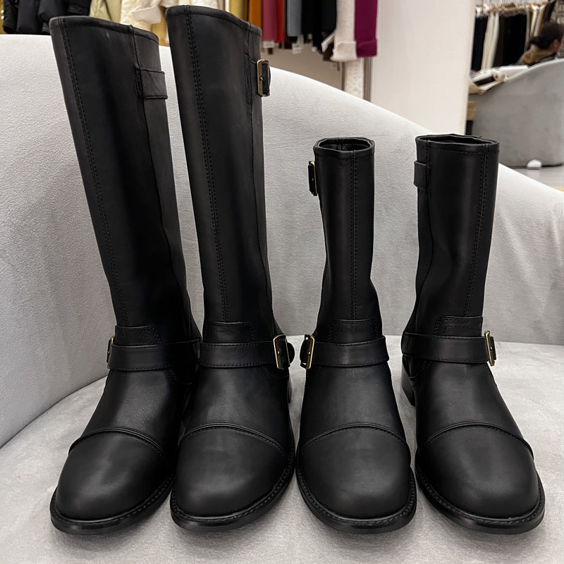 Cowhide Martin Autumn Retro Minority Thick Low Middle Western Women's Leather Boots