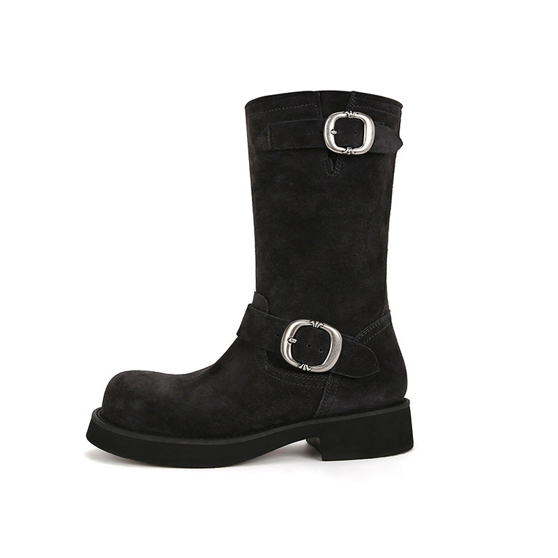 Glutinous Thick Bottom Motorcycle Buckle Ankle Boots