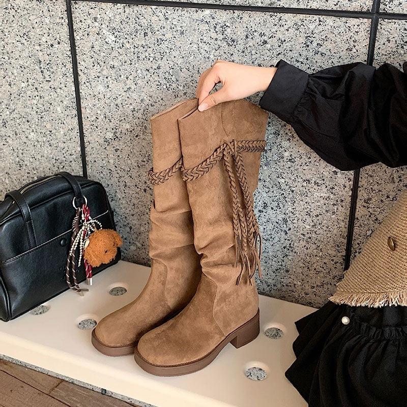 Women's Waste Soil Style Tassel Western Denim Knight Thick Brown Retro Women's Leather Boots