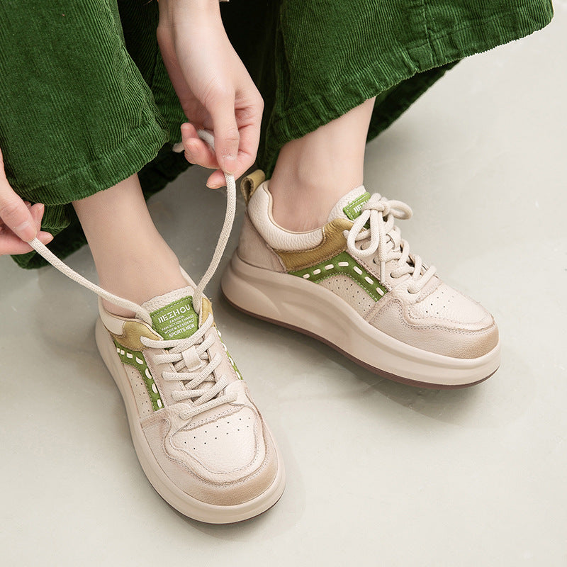 Women's Retro Style Round Head Thick Bottom Lightweight Exercise White Youth Women's Casual Shoes
