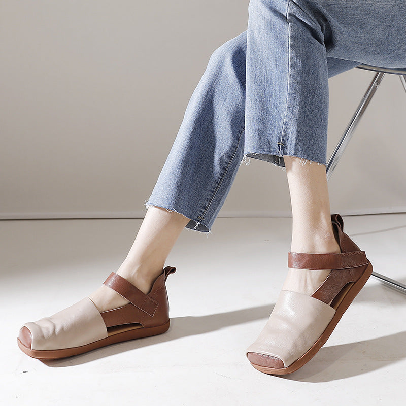 Women's Square Toe Soft Bottom Retro Genuine Flat Sandals