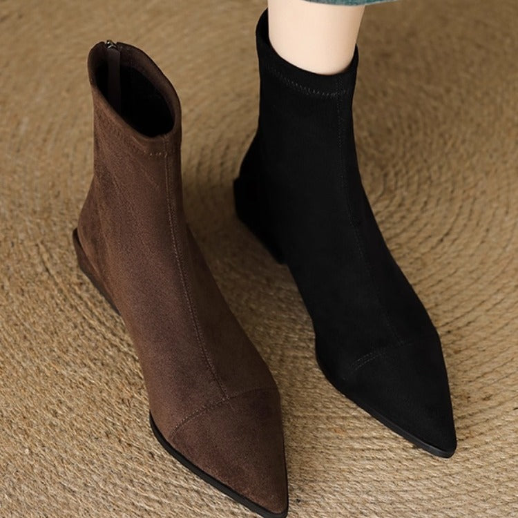 Women's Pointed Toe Stretch Thin Low Suede Chunky Back Women's Leather Boots
