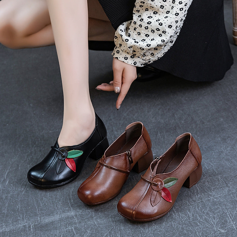 Women's Autumn Thick Soft Bottom First Layer Cowhide Ethnic Style Flower Heels