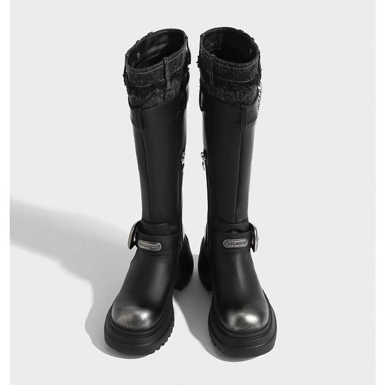 Women's Round Head Thick Bottom Knight Fashionable Stitching Women's Leather Boots