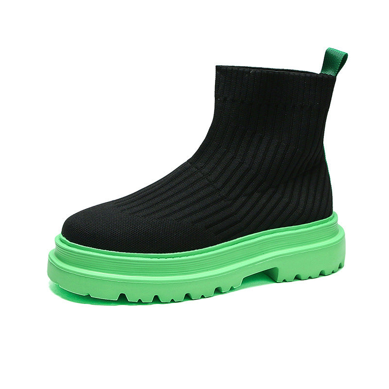 Men's Breathable Black Knitted Ankle Fluorescent Green Casual Shoes