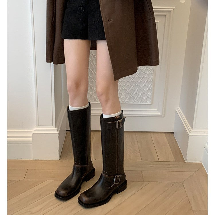 Mom Square Toe Chunky Platform Buckle Boots