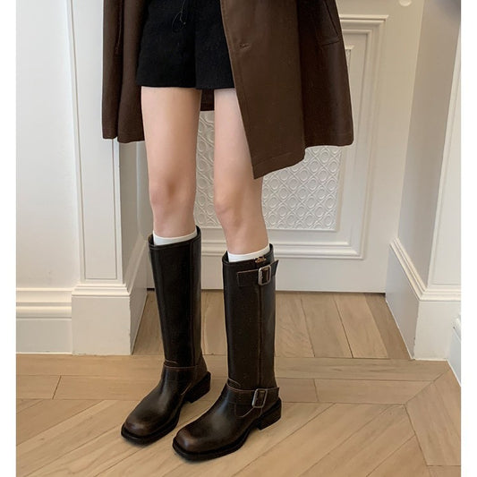 Mom Square Toe Chunky Platform Buckle Boots
