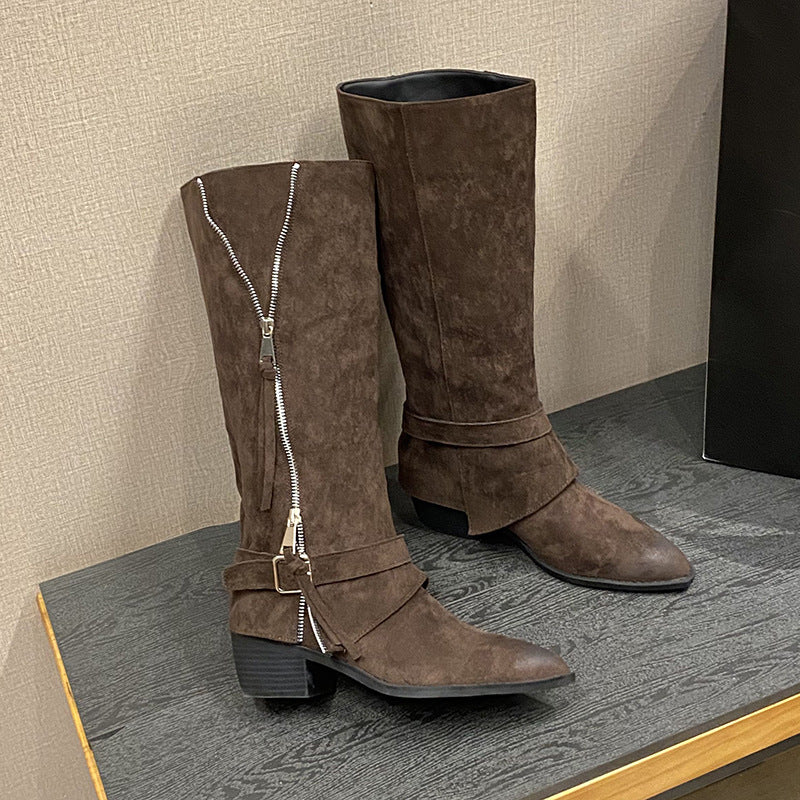 Women's Rub Colored Suede Belt Buckle Side Zipper Pile Style Knight Women's Leather Boots