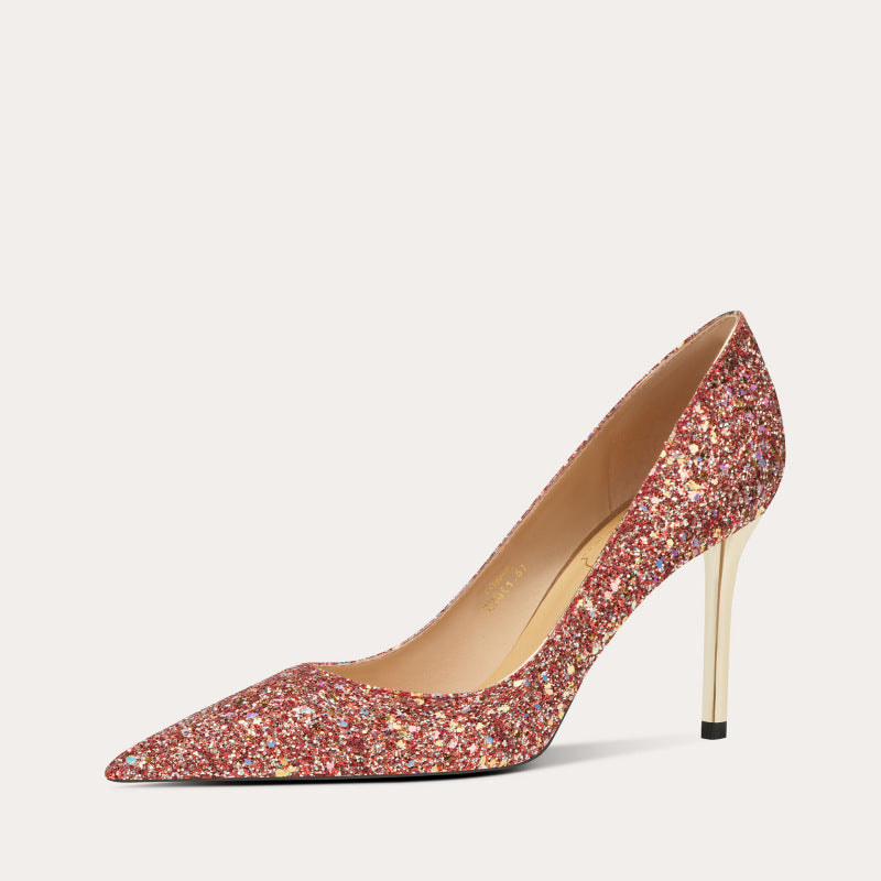 Women's French Sheepskin Light Gold Wedding Bridesmaid Pointed Stiletto Heels