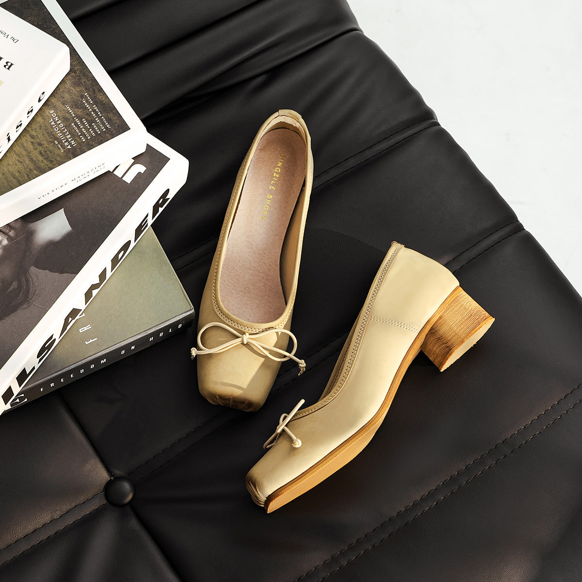 Women's Bowknot Ballet Pumps Vintage Mid Chunky Pig Women's Shoes