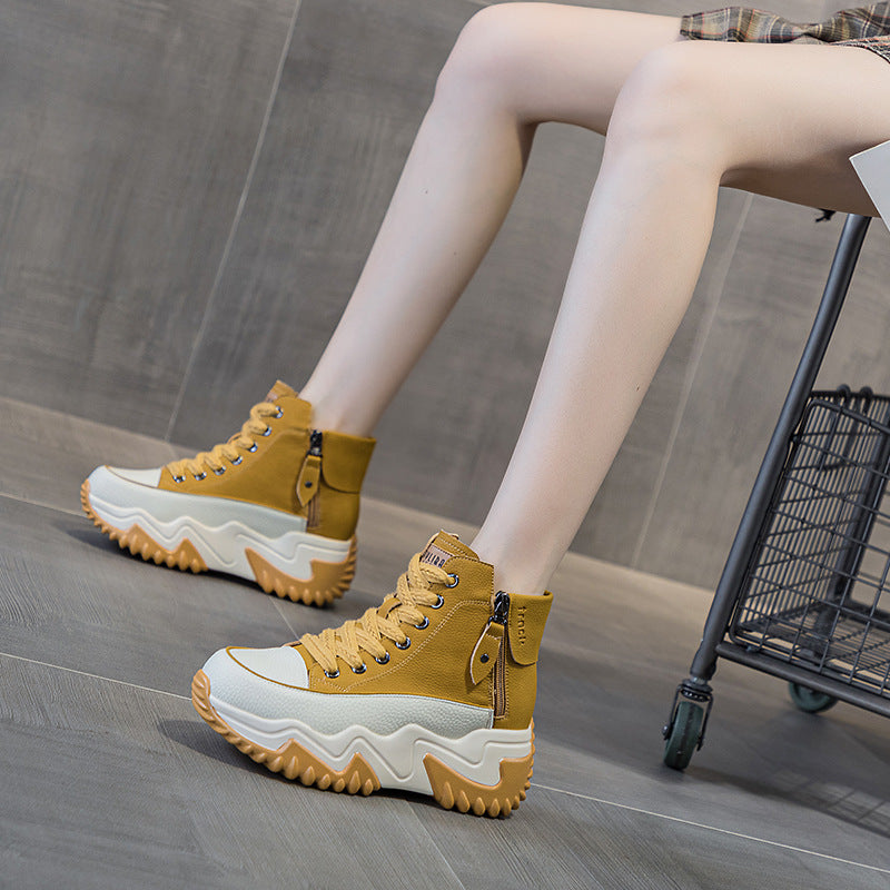 Women's Explosion Board Height Increasing Insole Dad Korean Style Women's Leather Boots