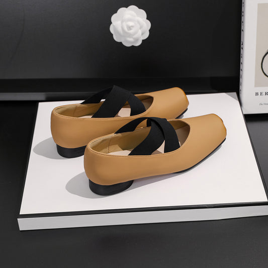 Women's Genuine Pig Nose Square Head French Heels