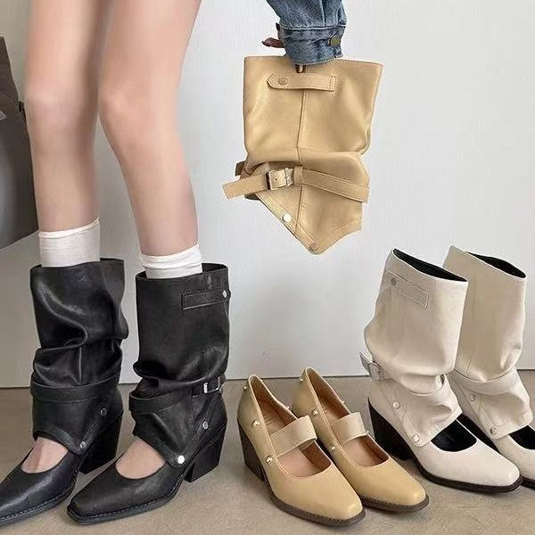Women's Western Cowboy Pleated Pile Pants Pipe Black Round Retro Women's Leather Boots