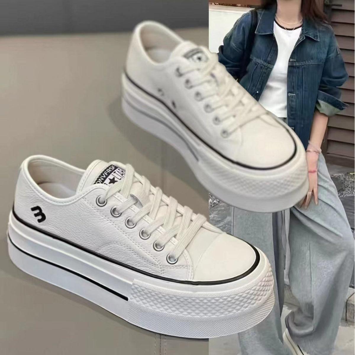 Women's Genuine Platform White Spring Lace Up Sports Sneakers