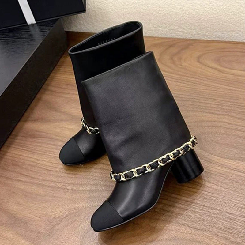 Women's Chain Tube Short Round Head Chunky High-heeled Women's Leather Boots