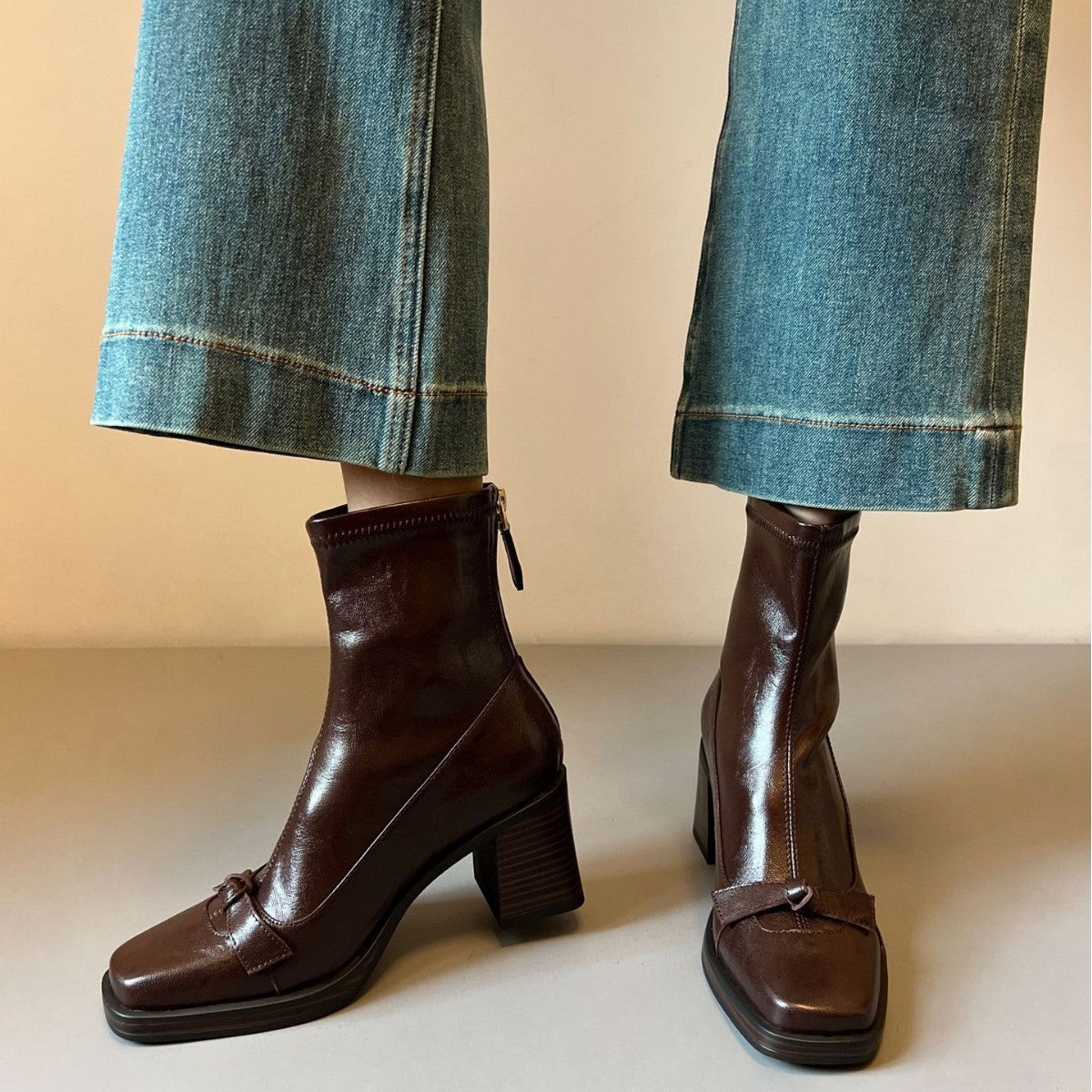 Square Toe Booties Bowknot Chunky Stretch Thin Versatile Mute Boots