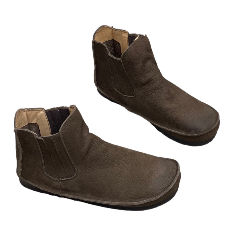 Women's Genuine Cowhide Round Toe Stitching Elastic Strap Flat Retro Short Women's Leather Boots