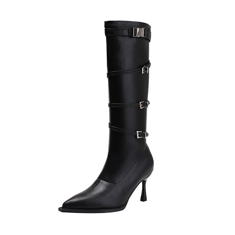Women's Buckle Stiletto Knight Side Zipper Pointed High Below Boots