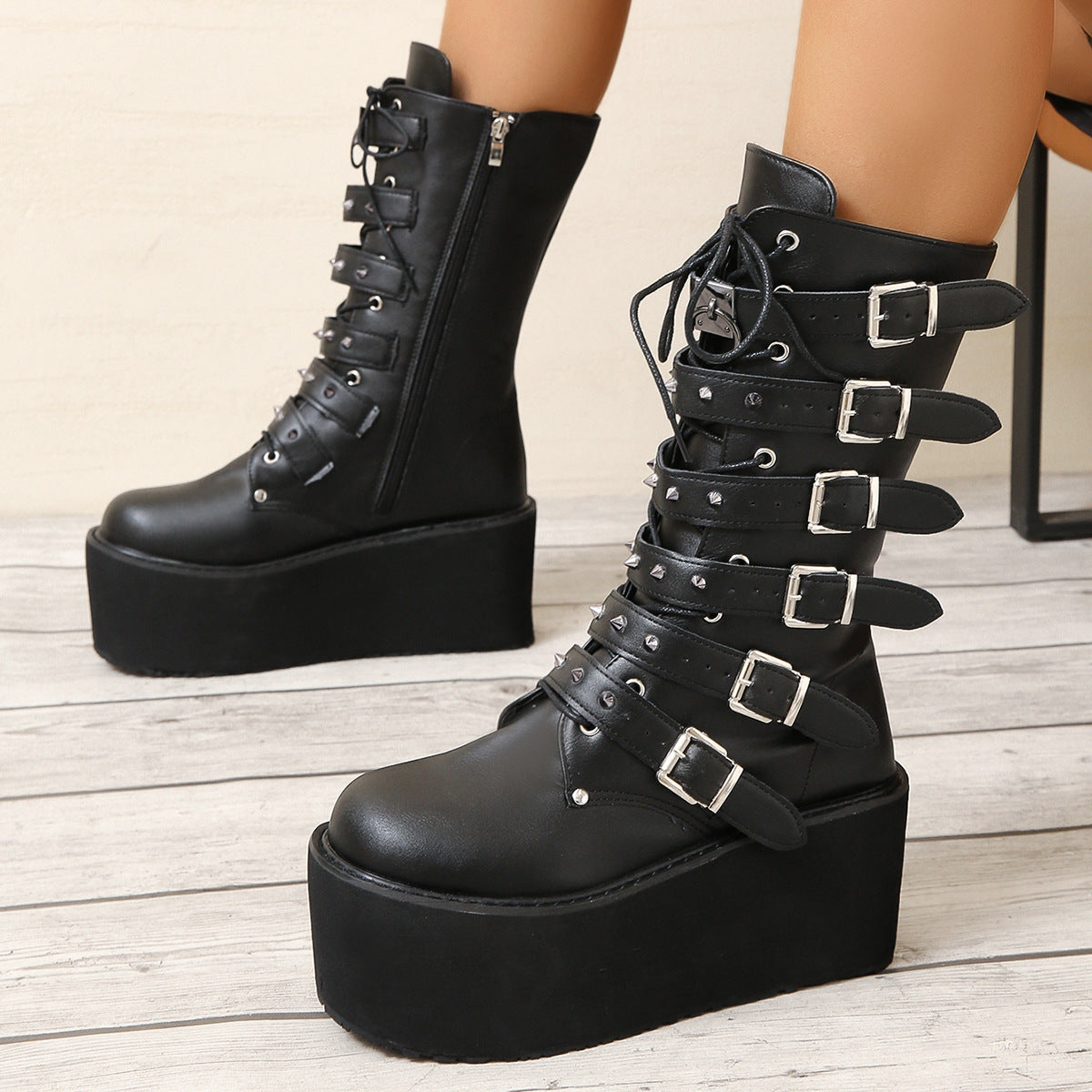 Women's Punk Rivet Riding Platform High Belt Women's Leather Boots