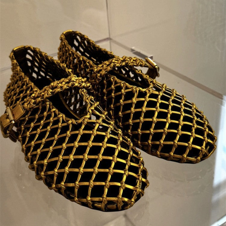 Women's Sheepskin Version Woven Hollowed Mary Jane Ballet Low-cut Flat Women's Fashion Shoes