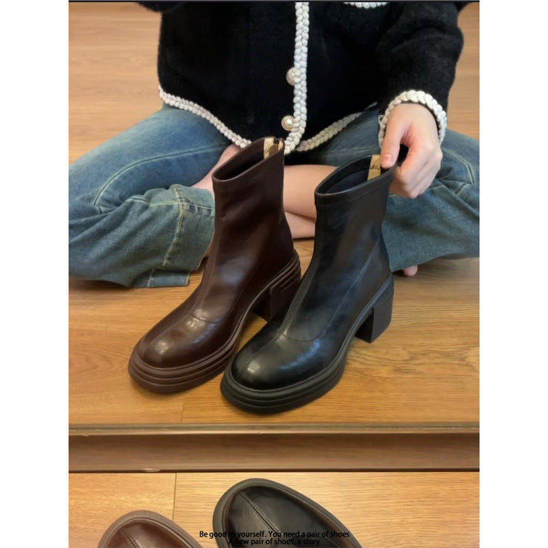 High Skinny Ankle Female Square Toe Rear Zipper Martin Women's Leather Boots