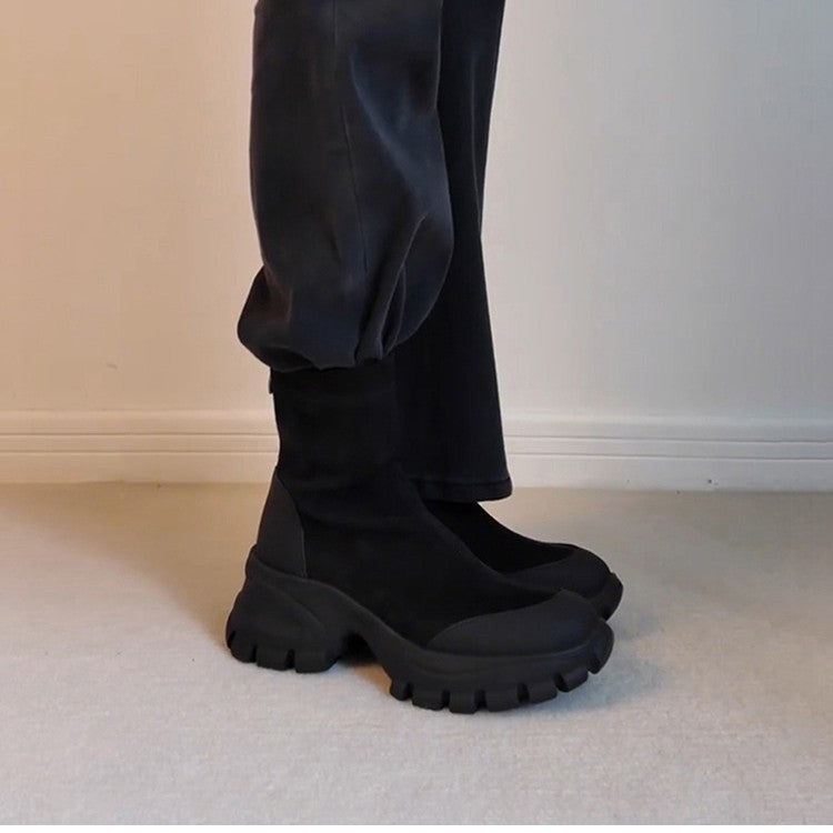 Women's Vintage Suede Side Zipper Stretch Thin Thick-soled Patchwork Easy Women's Leather Boots