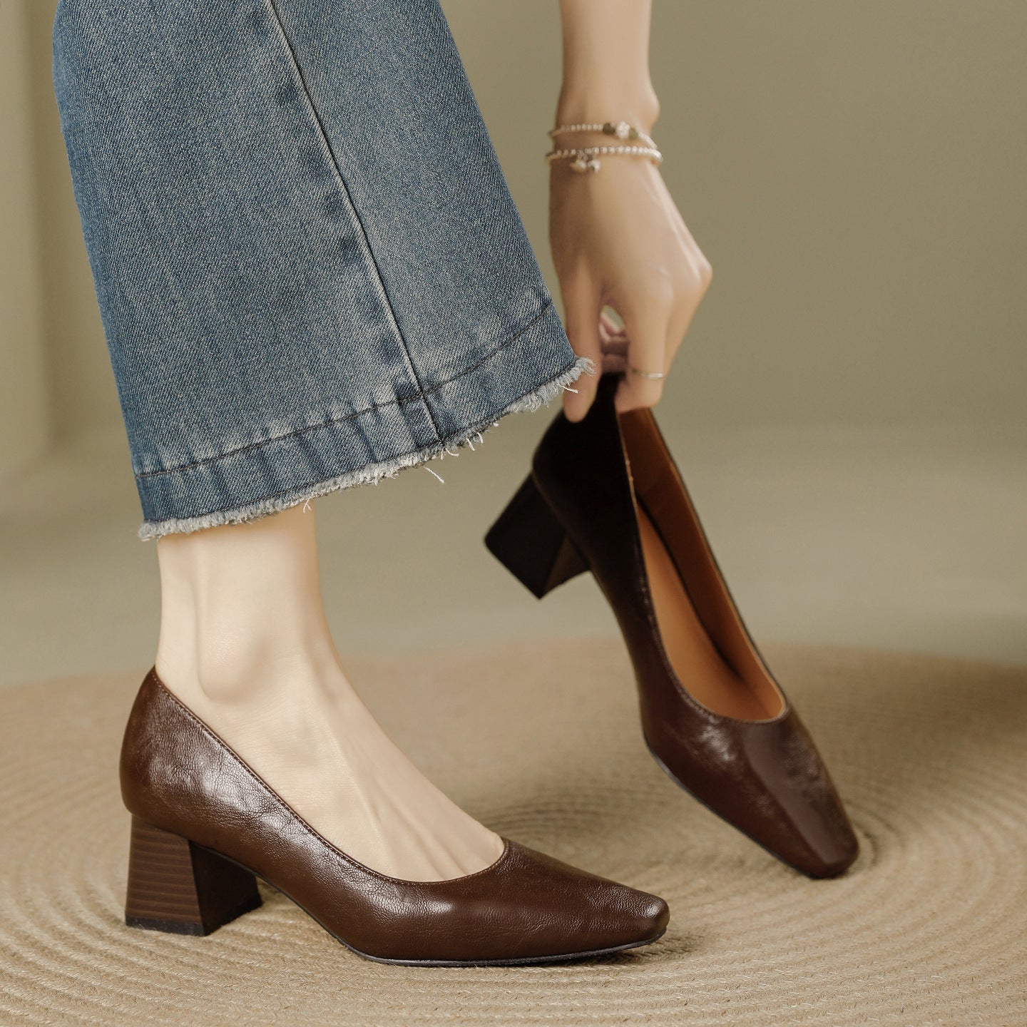 Women's Retro Square Toe High Elegant Style Shallow Mouth Women's Fashion Shoes