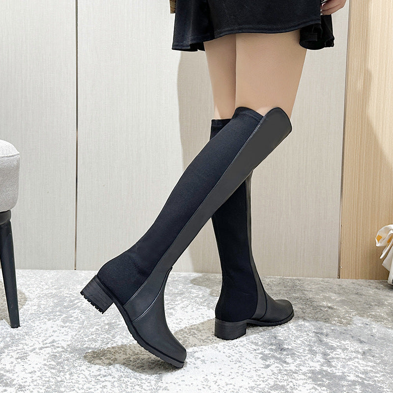 Painted Long Female Mid Stretch Skinny Women's Leather Boots