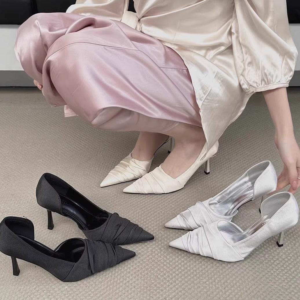 Women's Noble Texture Cold Sier Pointed Pleated High Stiletto Women's Fashion Shoes