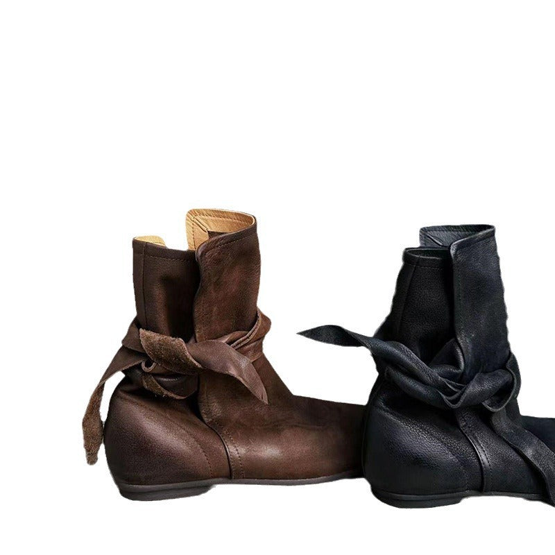 Minority Design Bow Strip Winding Booties Women's Leather Boots