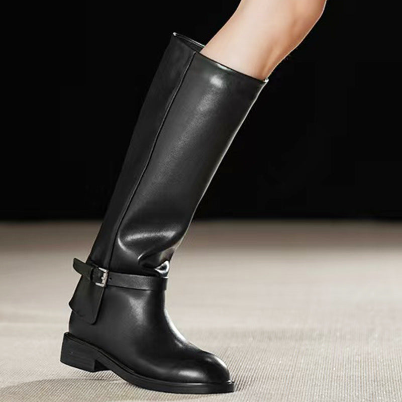 Women's Slimming Belt Buckle Knight Genuine Below The Knee High Leg Boots