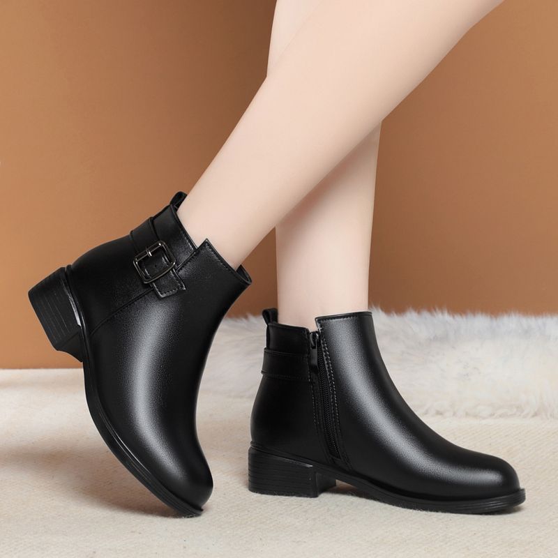 Women's Winter Fleece-lined Thermal Mom Low Real Women's Leather Boots