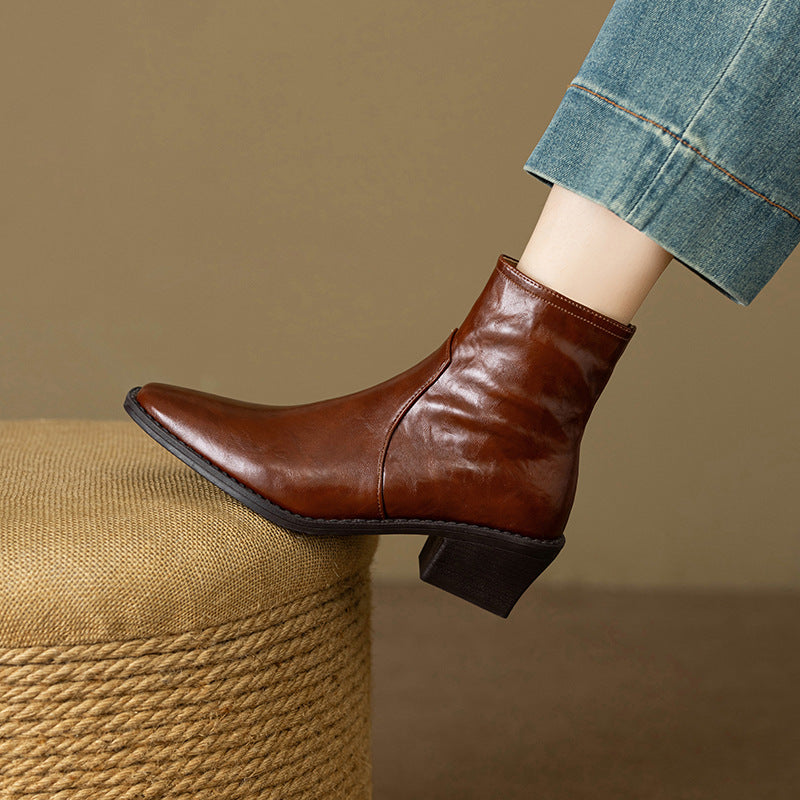 Women's Washed Cowhide Super Comfortable Short Thick Thin Square Toe Boots