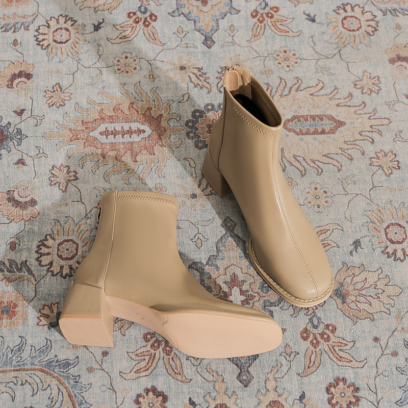 Women's Chunky Martin Simple Square Toe High Slimming Women's Leather Boots