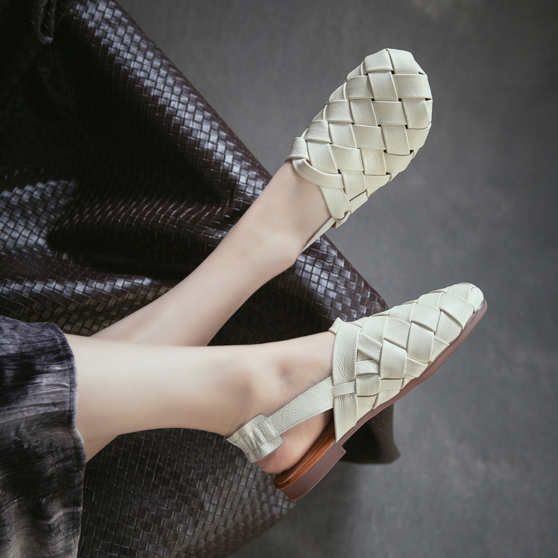 Women's First Layer Cowhide Hand-woven Closed Toe Flat Back Sandals
