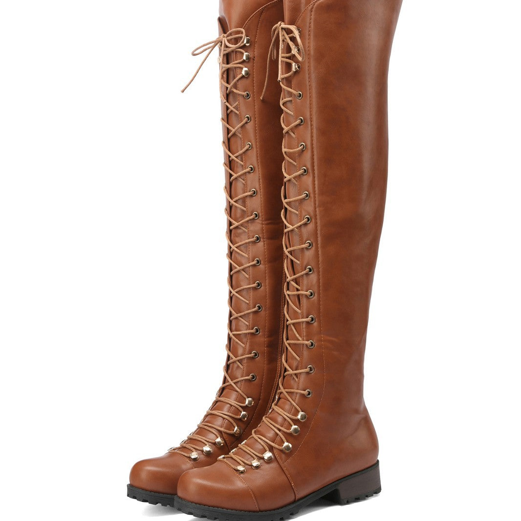 Women's Cross Strap Knight Plus Size Women's Leather Boots