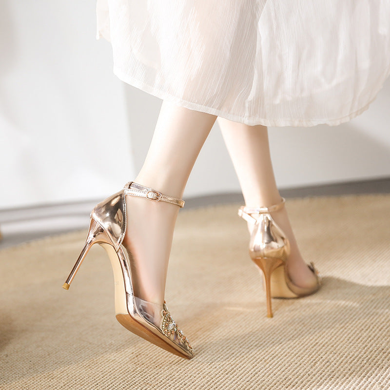 Women's Sexy Rhinestones Dress High Summer Pointed Toe Buckle Women's Shoes