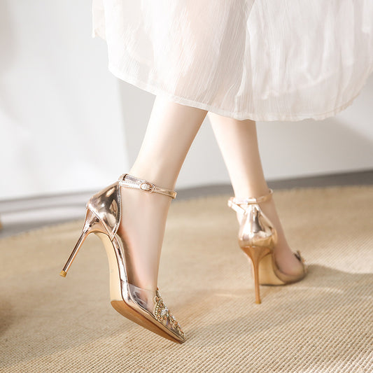 Women's Sexy Rhinestones Dress High Summer Pointed Toe Buckle Women's Shoes