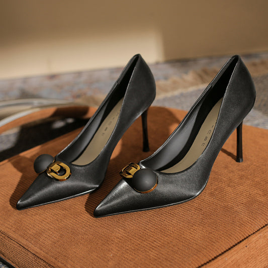 Women's Spring Black Pointed Low-cut Metal Buckle Women's Fashion Shoes