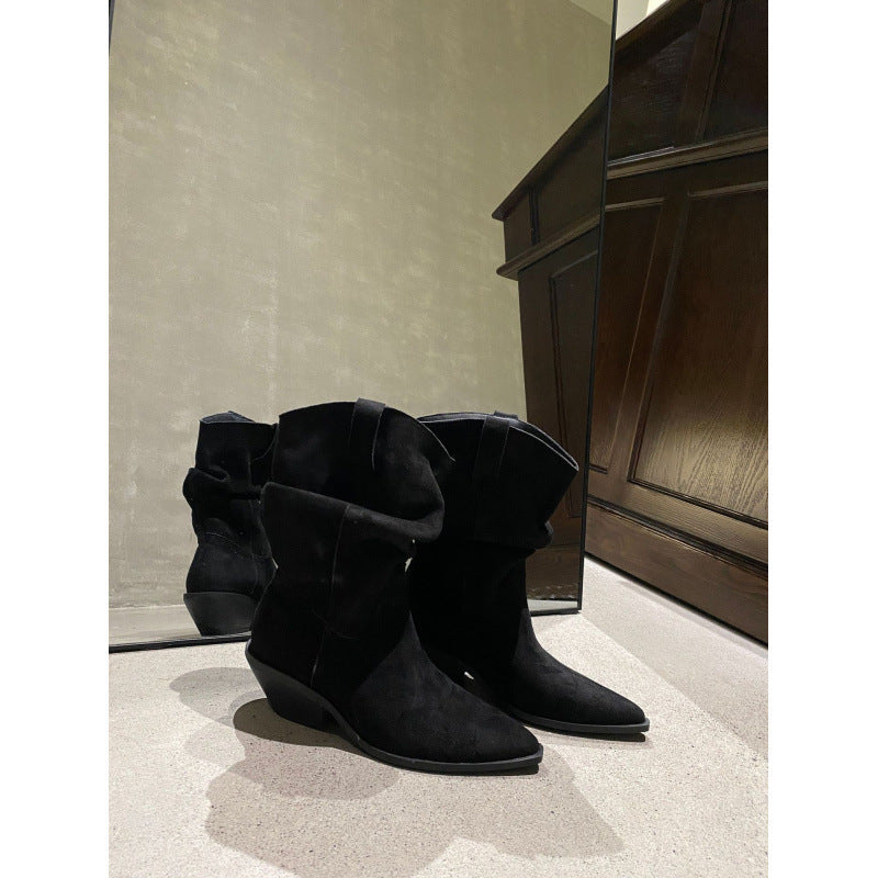 Versatile Retro Ankle Korean Style Chunky Sleeve Short Pleated Women's Leather Boots